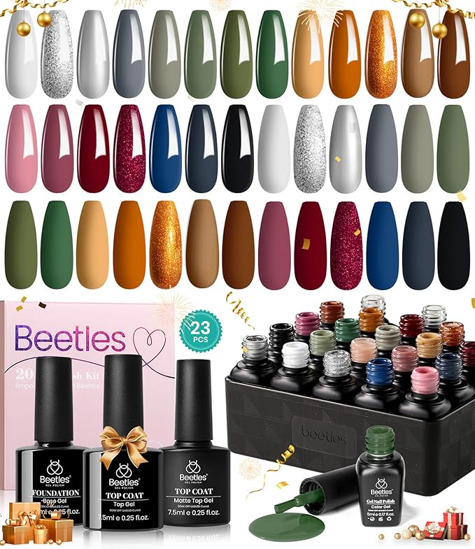 Beetles Winter Gel Nail Polish Set：23 Pcs Burgundy Brown Gold Nude Pink Black White Glitter Gel Polish Kit with Base Matte Glossy Top Coat Soak off UV Gel Nail Polish for Women