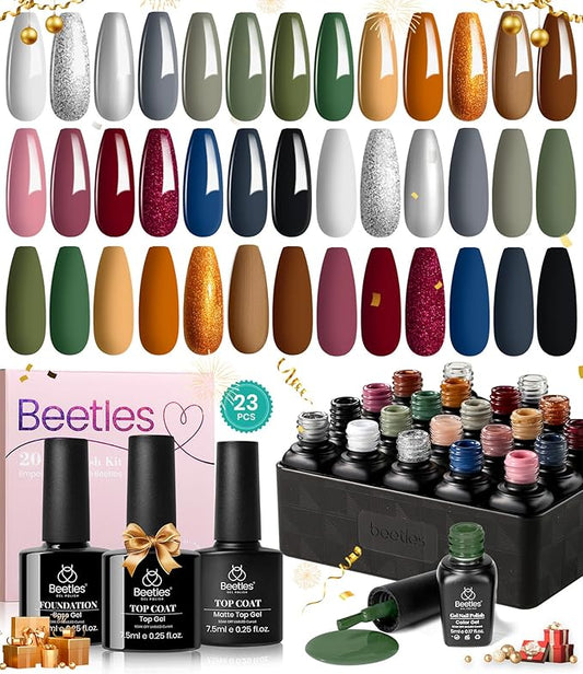 Beetles Winter Gel Nail Polish Set：23 Pcs Burgundy Brown Gold Nude Pink Black White Glitter Gel Polish Kit with Base Matte Glossy Top Coat Soak off UV Gel Nail Polish for Women