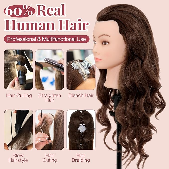 28Inch 60% Real Hair Mannequin Head,Doll Head for Hair Styling Braiding Curling,Cosmetology Mannequin Head with Hair with Table Clamp Hair Styling Set(Dark Brown)
