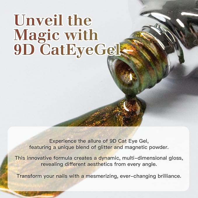 9D Cat Eye Gel Nail Polish Set, 15ml Black + 15ml Ruby Gaze Cat Eye Gel, Includes Silicone Handle Cylinder Magnetic Stick for Mesmerizing 9D Effects