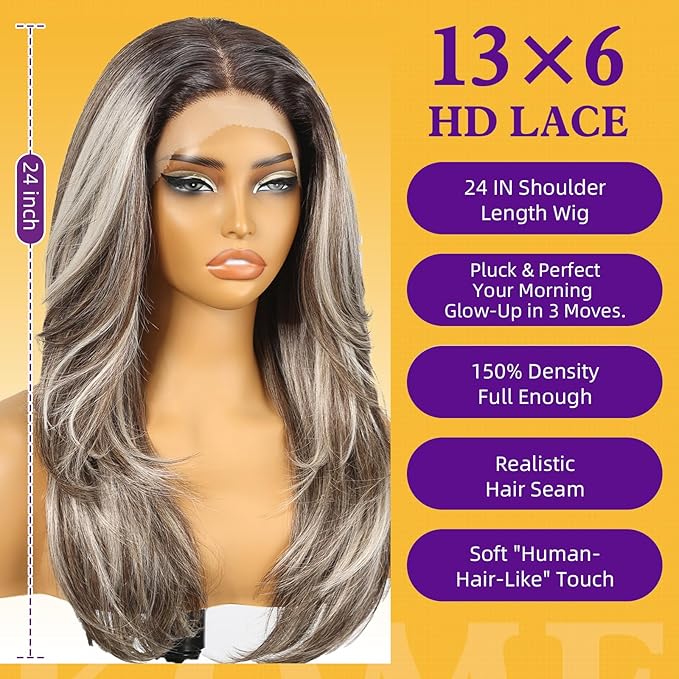 Ash Brown Synthetic Lace Front Wig,13X6 Long Straight Layered Glueless Wigs for Women Daily Use 24IN（#TTF4/606）