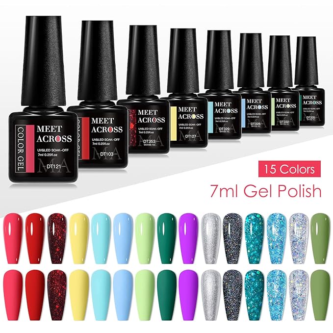 MEET ACROSS Gel Nail Polish Set 18PCS Glitter Gel Polish Set 15 Colors Nude Nail Polish Red Green Spring Gel Nail Polish Kit Nail Art Design Salon for Women