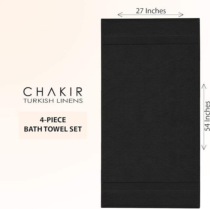 Chakir Turkish Linens Premium Cotton Absorbent Turkish Towels (Bath Towel - Set of 4, Black)