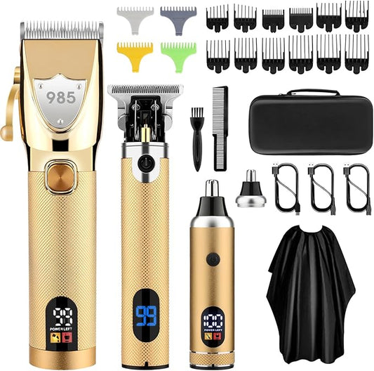 Professional Hair Clippers for Men, Electric Cordless Clippers and Trimmers Set, Nose Hair Beard Trimmer, Hair Cutting Barber Clippers with Guards, T Liners Edgers Clippers for Mens (Gold)