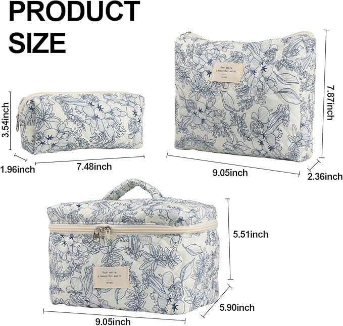 Cute Makeup Bag for Women(3 Pcs), Quilted Floral Coquette Aesthetic Make up Bags, Travel Cosmetic Bags Toiletry Organizer Bag(NavyBlue Flower)