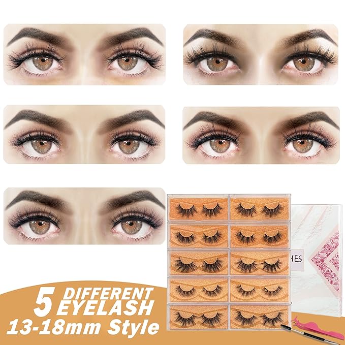 GOO GOO Mink Eyelashes, Daily Type Lashes 10mm to 18mm 5 Styles 10 pairs Multipack 3D Mink Lashes Natural Look Fake Eyelashes Wholesale Real Siberian Reusable Handmade False Eyelashes