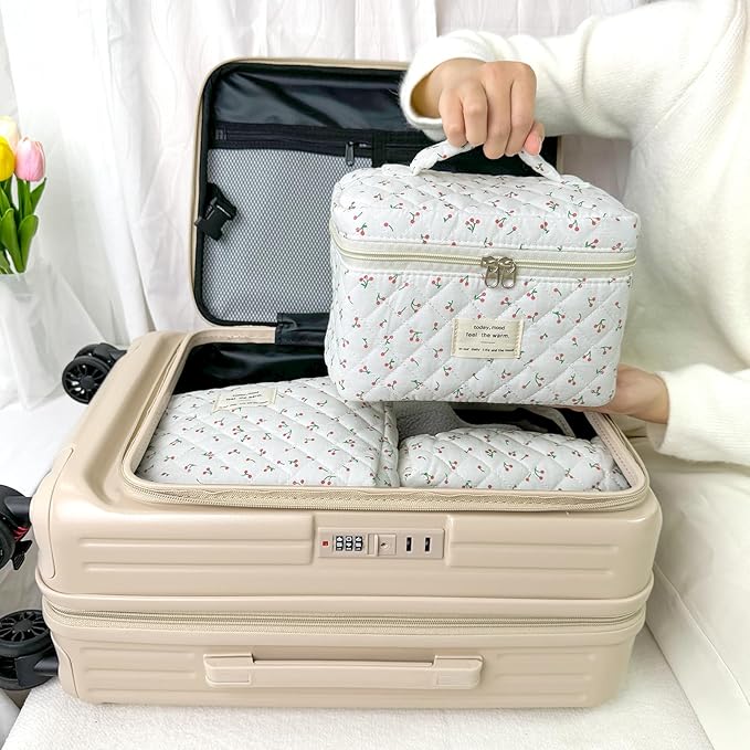 3Pcs Cotton Quilted Makeup Bag for Women Girls, Large Floral Cosmetic Bag Set Cute Makeup Brushes Aesthetic Accessories Storage Bag Flower Travel Toiletry Bag Organizer