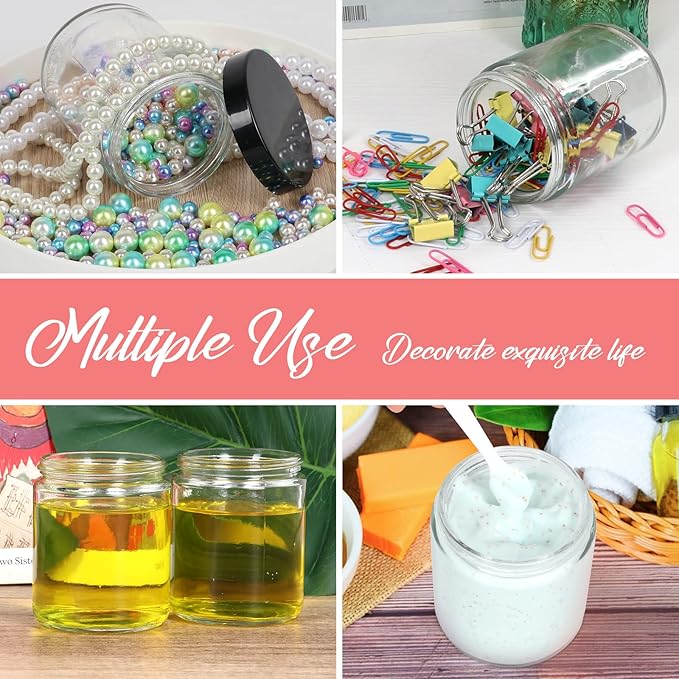 EkkoVla 24 Pack 8 oz Clear Round Glass Jars with 24 Black Lids, Candle Making Jar, Empty Refillable Cosmetic Containers for Lotions, Face Creams, Body Butter, Powders, Ointments, Beauty Products