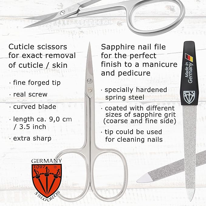 3 Swords Germany - Brand Quality 6 Piece Manicure Pedicure Grooming kit Set - Scissors, Metal and Glass Nail File, Clipper, Tweezers with Synthetic Leather case - Ostrich