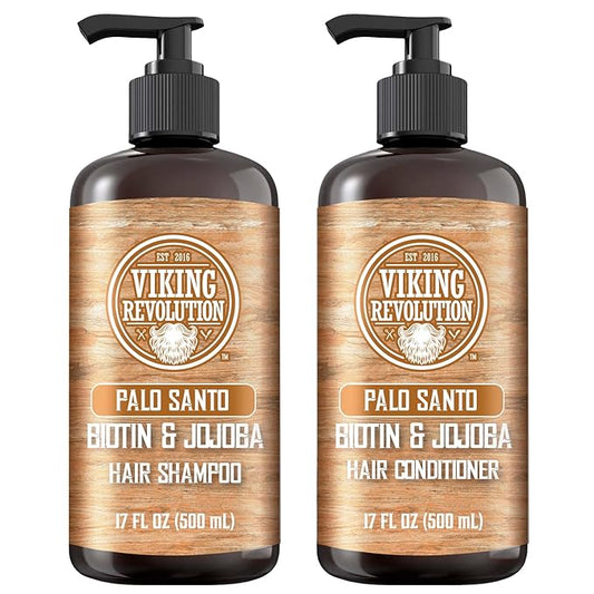 Viking Revolution Palo Santo Mens Shampoo and Conditioner Set with Biotin and Jojoba Oil - Natural Hair Shampoo and Hair Conditioner for Men with Vitamin B5 - Shampoo and Conditioner Set Men (17Oz)