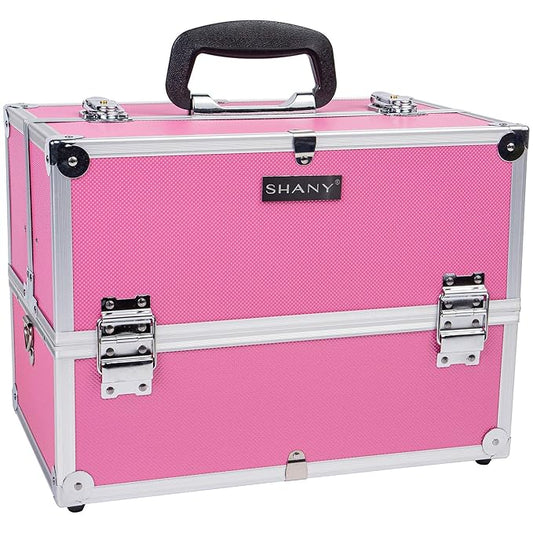 SHANY Essential Pro Makeup Train Case Cosmetic Box Portable Makeup Case Cosmetics Beauty Organizer Jewelry storage with Locks, Multi Compartments Makeup Box and Shoulder Strap - Pink