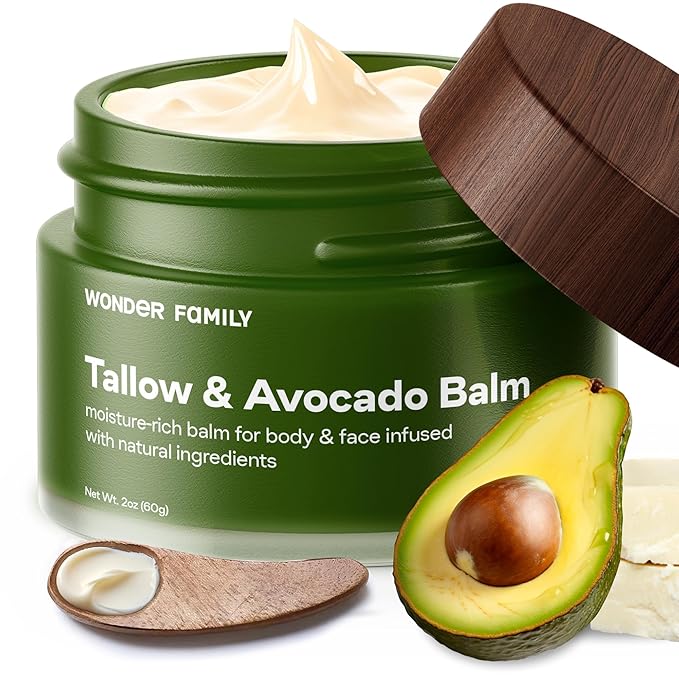 Grass Fed Beef Tallow for Skin and Face with Avocado Oil - Dry Skin Moisturizer for Men & Women - Beef Tallow Balm for Face, 1 Wooden Spatula & Bag