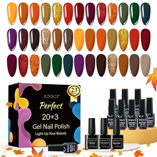 Gel Polish Nail Set 20 Colors with 3Pcs Glossy & Matte Top Coat and Base Coat, Orange Brown Burgundy Green Sparkle Glitters Colorful Gel Polish Set For Mother's Day
