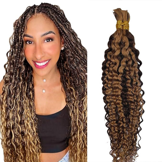 Ombre Braiding Hair 2 Bundle 100g 4/27 Human Braiding Hair Deep Water Wave Honey Blonde Highlight Bulk Human Hair 12A Brazilian Brown Bariding Hair (4/27#-Water Wave, 20 Inch)