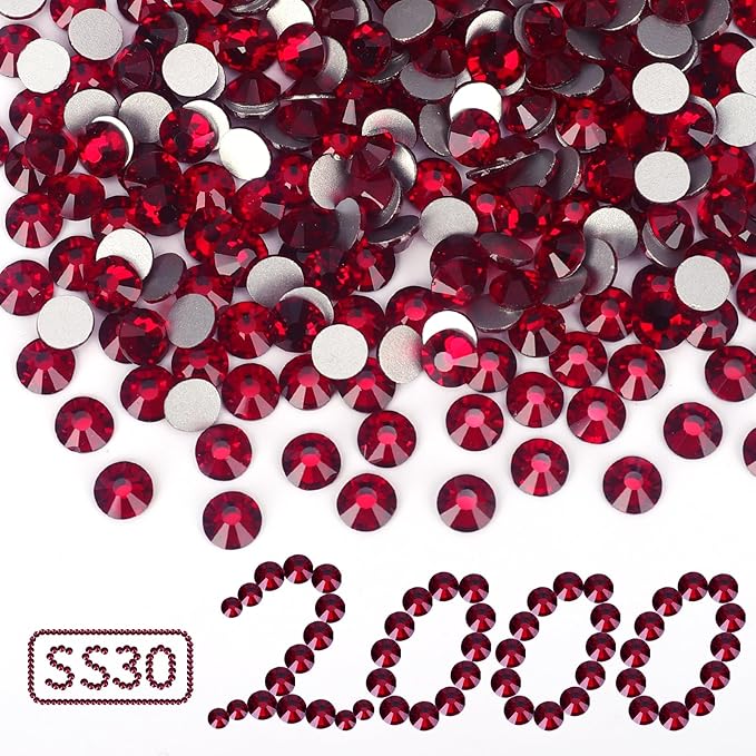 2000PCS Dark Red Rhinestones Bulk, Flat Back Crystal Glass Stone Round Gems,SS30, 6.4-6.6mm