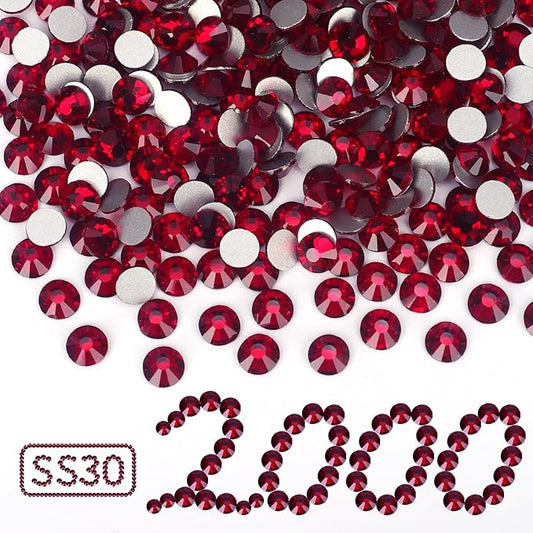 2000PCS Dark Red Rhinestones Bulk, Flat Back Crystal Glass Stone Round Gems,SS30, 6.4-6.6mm