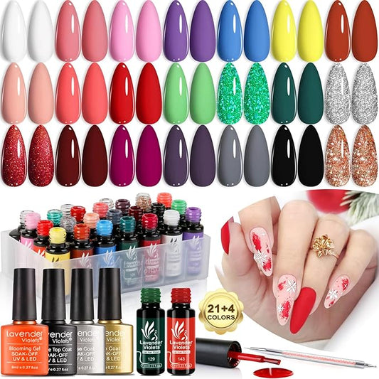 Lavender Violets 26-Piece Gel Nail Polish Set: Pink, Red, Grey Blue and Glitter Green Colors with 4 Bottles of Glossy & Matte Top Coat, Blooming Gel, and Base Coat - Nail Art Gifts