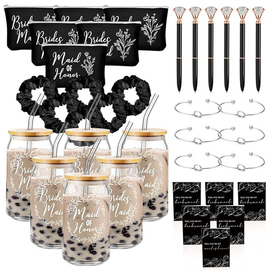Irenare 36 Pcs Bridesmaid Proposal Gifts Bridal Shower Gifts 16 oz Glass Cup Cosmetic Makeup Bags Invited Cards Scrunchies Hair Knotted Bracelets Diamond Pens Favors for Wedding (Black)