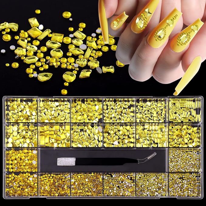 3100Pcs Professional Nail Art Rhinestones Kit for Nail,Mix 20 Styles Flatback Rhinestone,600 Diamonds + 2500 Round Beads, 3D Flat Back Gemstones for Nail DIY Crafts with Tweezers Pen(Lemon Yellow)