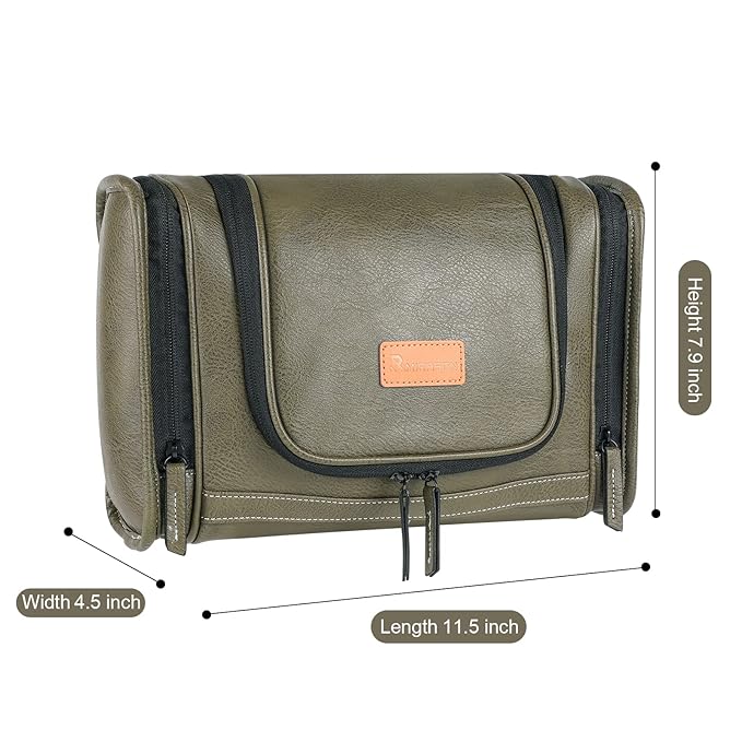 MIRASON Hanging Toiletry Bag for Men PVC Leather Dopp Kit Waterproof Travel Organizer Bag with Sturdy Metal Hook and Handle for Bathroom Shower Cosmetics Camping Brushes Shaving (Green)