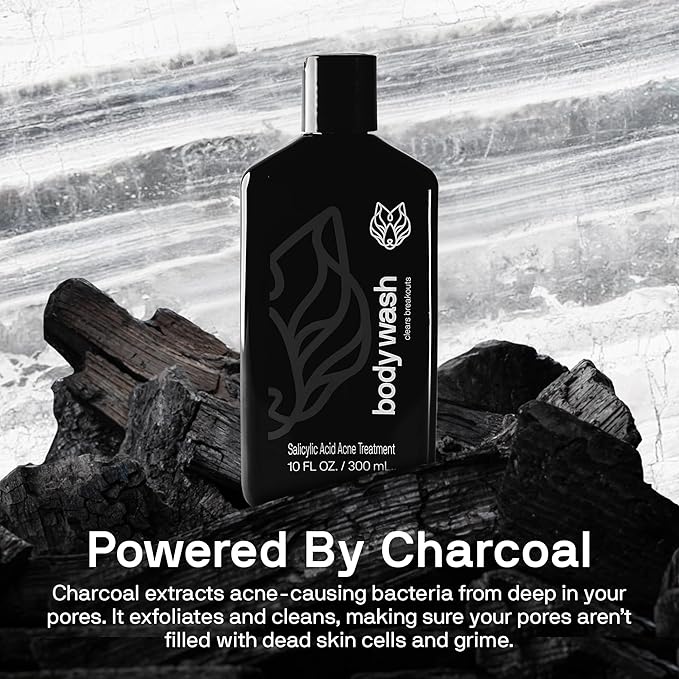 Black Wolf Charcoal Powder Body Wash Men - 10 Fl Oz Paraben-Free Mens Body Wash - Salicylic Acid Reduce Acne Breakouts and Cleanse Your Skin - Full Coverage & Deep Clean Men's Bodywash