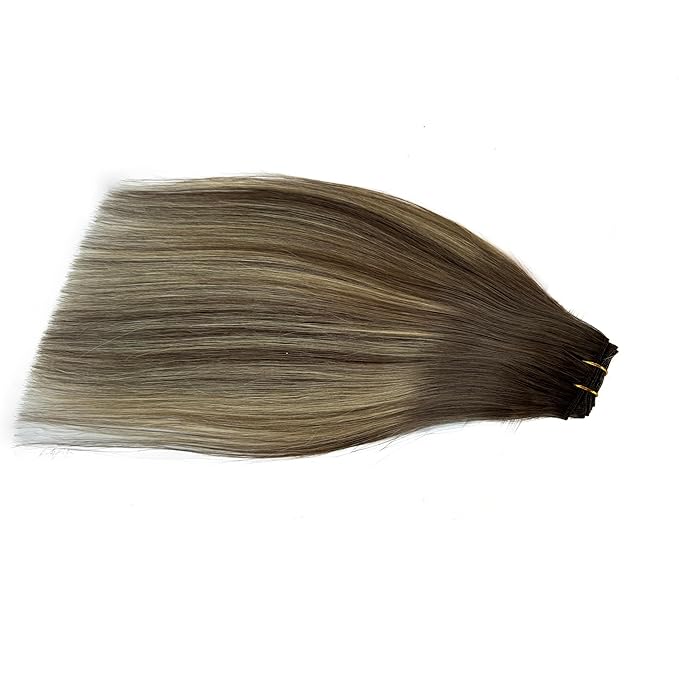 Sew in Hair Extensions Real Human Hair Weft Hair Extensions 22 Inch Ombre Ash Brown to Ash Blonde Balayage Blonde Highlights Hair Wefts 120G Real Human Hair Wefts Weave Bundles for Women
