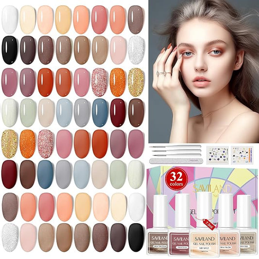SAVILAND 42PCS Gel Nail Polish Kit: 32 Colors Fall Gel Polish Set Brown Black Glitter Soak Off U V Gel Polish with PH Bond Base Top Matte & Glossy Polish Coat Manicure Kit for Salon Gift Women