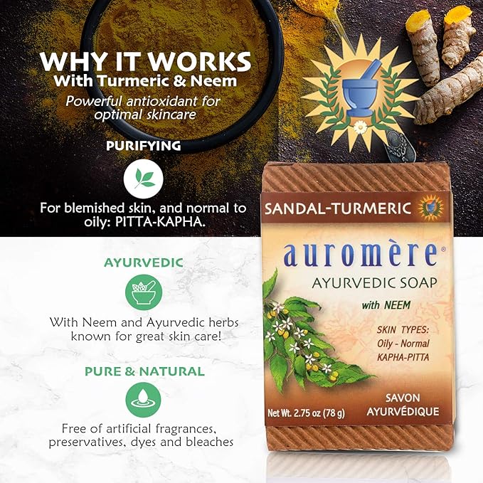 Auromere Ayurvedic Bar Soap, Sandal Turmeric - Eco Friendly, Handmade, Vegan, Cruelty Free, Natural, Non GMO (2.75 oz), 3 pack