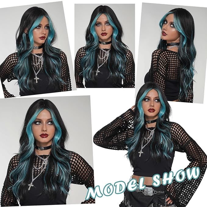Black Teal Blue Highlight Long Wavy Wig with Curtain bang 26 Inch Ombre Teal Blue Black wig Synthetic Heat Resistant Wig for Women Daily Party used.
