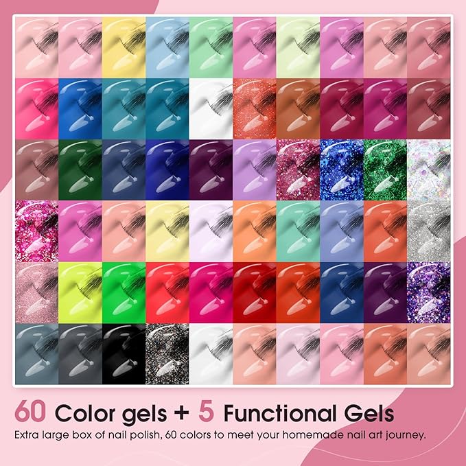 ROSALIND 65PCS Gel Nail Polish Set, 60 Colors Glitter Red Gel Polish with 5 Bottles of Base and Glossy Matte Top Coat Soak off Nail Set Suitable for All Seasons