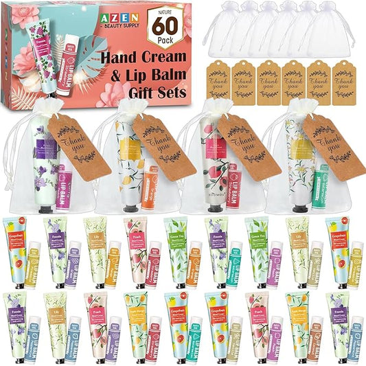 AZEN 60 Sets Hand Cream and Lip Balm Set with Organza Bag Thank You Card, Baby Shower Wedding Gifts for Guests, Bridal Souvenirs for Colleagues Employee Coworkers, Party Favor for Female Friends