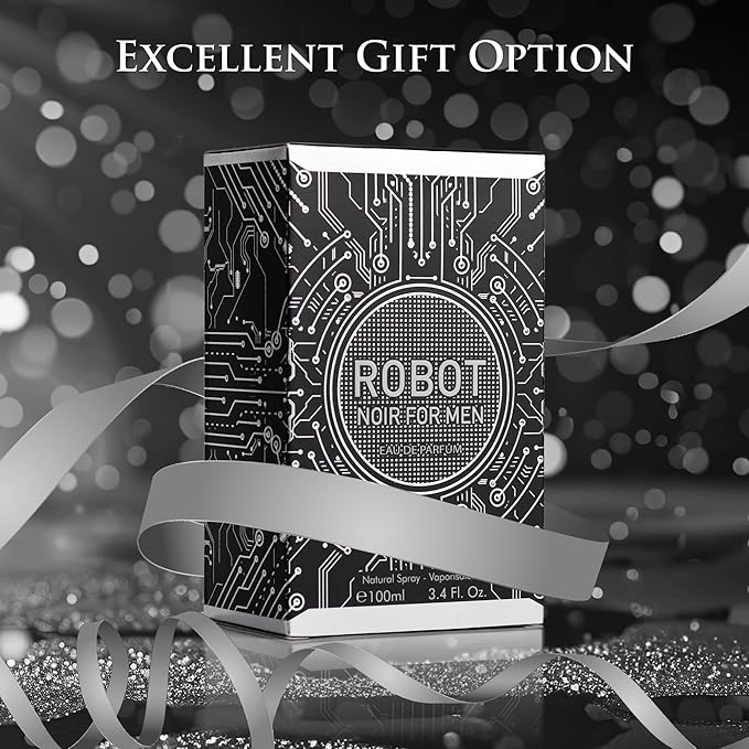 Robot Noir for Men - Fresh Woody Fragrance - Top Notes of Cardamom, Rhubarb, Bergamot & Lemon - base Scents of Vanilla, Tolu Balsam & Haitian Vetiver - Elegant 100ml Bottle, Parfume for Men