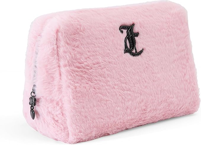 Juicy Couture Women's Cosmetics Bag - Travel Makeup and Toiletries Clutch Wedge Pouch, Pink Long Fur