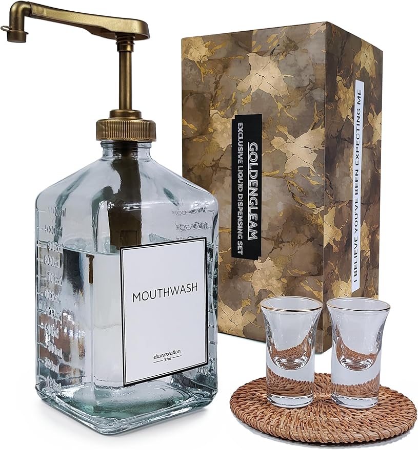 eBun Goldengleam Glass Mouthwash Dispenser (Gold Plastic Pump) 37oz Mouthwash Pump Dispenser, Mouth Wash Holder with Rinse Cup, Mouth Wash Glass Bottle, Decanter, Large Bottle for Bathroom Set