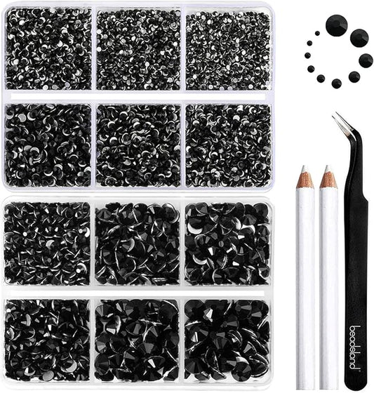 Beadsland 8300PCS Flatback Rhinestones, Black Rhinestone Round Crystal Rhinestones for Crafts, Mixed 10 Sizes with Wax Pencil and Tweezer Kit, SS3-SS30, Jet Black
