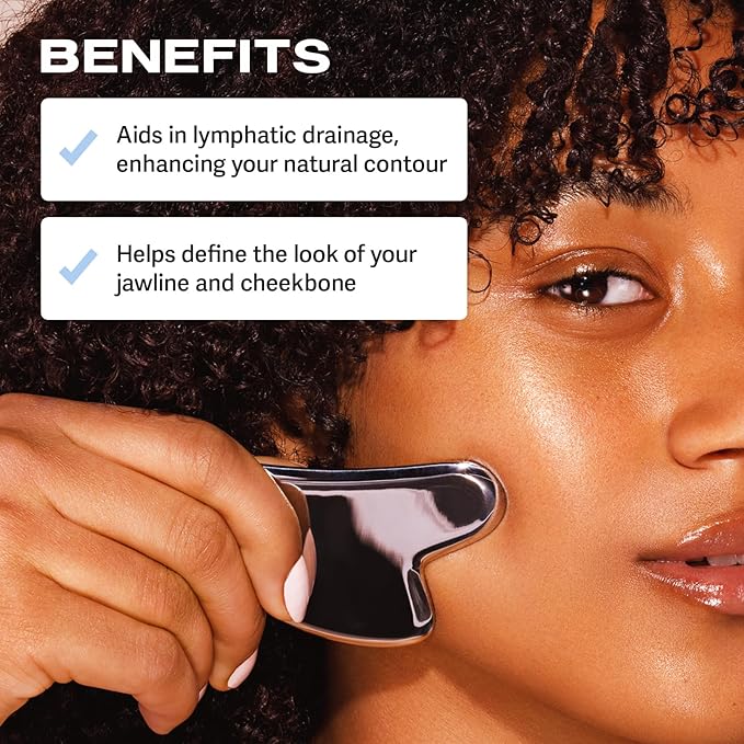 Sacheu Gua Sha Facial Tools Stainless Steel Muscle Scraper — Face Gua Sha for Enhanced Lymphatic Drainage, Reduced Puffiness and Relieved Facial Tension, Metal Face Sculpting Tool with Travel Pouch