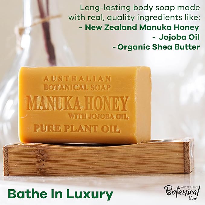 Australian Botanical Soap Manuka Honey with Jojoba Oil 6.6 OZ Luxury Soap Bars Enriched with Shea Butter Suitable for Men, Women and All Skin Types, Pack of 4