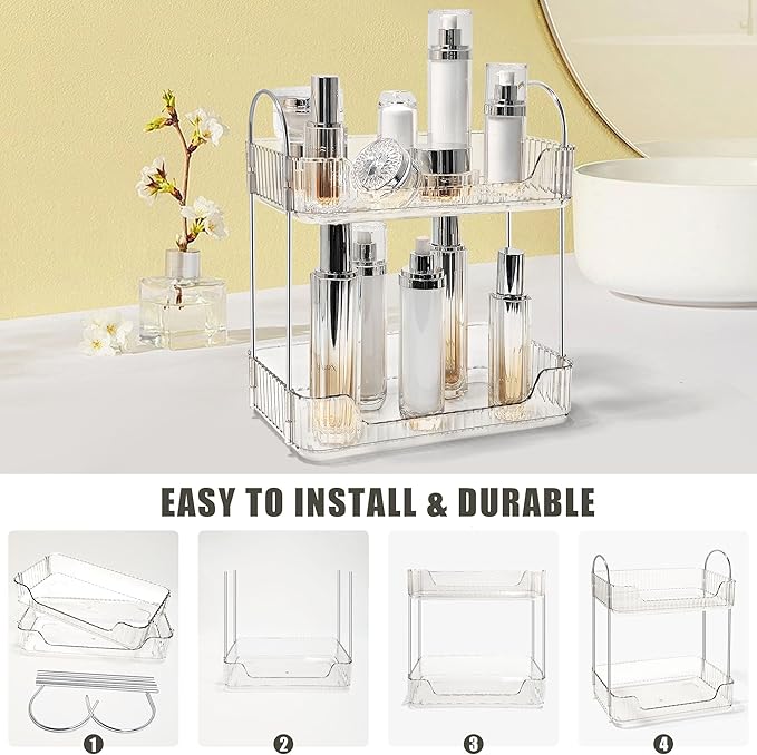 Bathroom Counter Organizer Countertop Storage Skincare Countertop Makeup Organizer Cosmetics Skincare Organizers Holder for Perfume-Clear White-Silver Pole