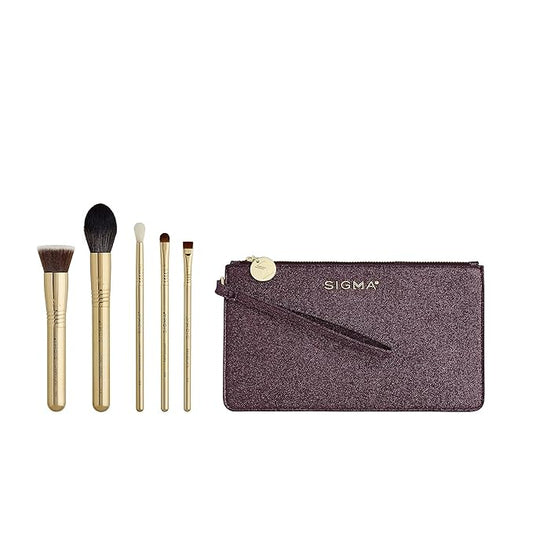 Sigma Beauty Obsessed Makeup Brush Set – Set of 5 Face & Eye Makeup Brushes for All Over Application, For Eyes, Blending, Setting & Foundation, Includes Clutch-Style Small Makeup Bag