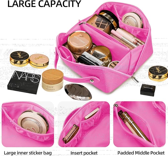 Travel Makeup Bag,Large Capacity Cosmetic Bags for Women, PU Leather Waterproof Portable Pouch Open Flat Toiletry Bag Make up Organizer with Divider and Handle (pink)
