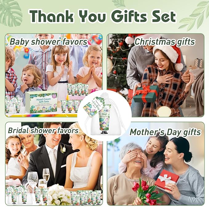 50 Pack Bulk Hand Cream Gifts Sets, Baby Shower Favors and Wedding Welcome Bag Stuffers for Guests with Thank You Card and Organza Gift Bags, Appreciation Gifts, Bridal Shower Favors (Dinosaur)