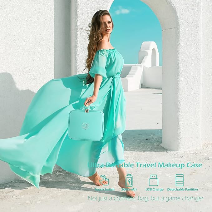 MOMIRA Travel Makeup Bag Cosmetic Bag Makeup Organizer Bag with Lighted Mirror, Adjustable Brightness in 3 Color Scenarios, Waterproof Makeup Train Case, Gift for Women - Aqua Blue