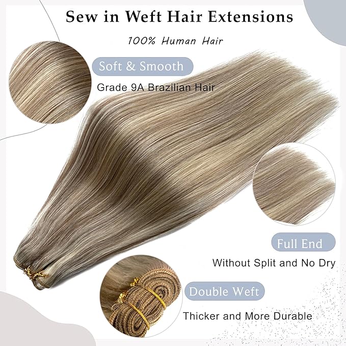 Sew in Hair Extensions Real Human Hair,Ubetta Hand Tied Weft Hair Extensions Human Hair Ash Brown Balayage Platinum Blonde Shades 12 Inch 80G Human Hair Weft Extensions Sew in Weave Bundles