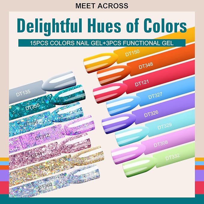 MEET ACROSS Red Blue Gel Nail Polish Set 18Pcs Glitter Gel Polish Kit 15 Colors Pink Orange Purple Collection Set Professionail Gel Manicure Kit Gift for Women