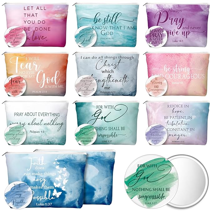 Reginary 20 Sets Christian Gifts for Women Include 20 Religious Canvas Makeup Bags with 20 Bible Verse Compact Mirrors Mother's Day Inspirational Birthday Gift for Mom (Watercolor,Classic Style)