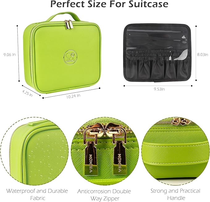 MOMIRA Travel Makeup Bag Cosmetic Bag Makeup Organizer Bag with Lighted Mirror, Adjustable Brightness in 3 Color Scenarios, Waterproof Makeup Train Case, Gift for Women - Grass Green