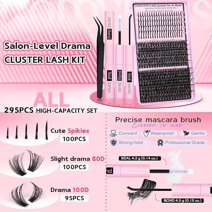 Lash Clusters Kit Russian Lash Extensions Kit Salon-Level Spikes Lash Individuals Volume Eyelash Clusters 295PCS D Curl 12-20MM DIY Eyelash Extensions With Bond and Seal