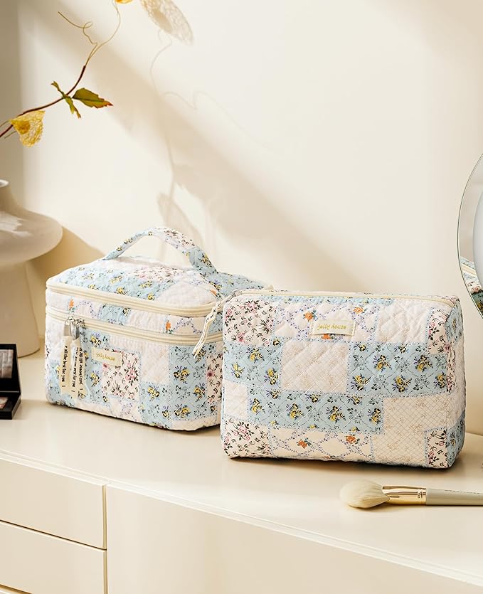 HBselect 2Pcs Travel Makeup Bag, Large Cotton Quilted Makeup Bag Cosmetic Bag Cute Make up Bag Toiletry Bags for Women Girls