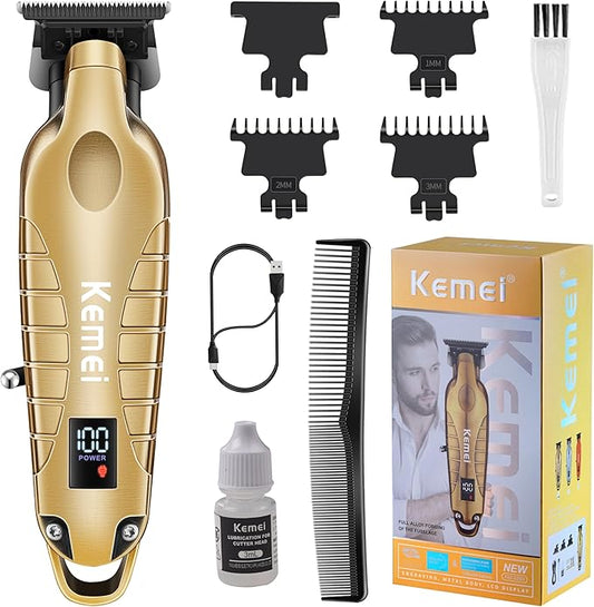KEMEI 2293 Professional Hair/Beard Trimmer for Men Zero Gapped Hair Clippers for Barber with T Blade, Cordless Rechargeable, Gold