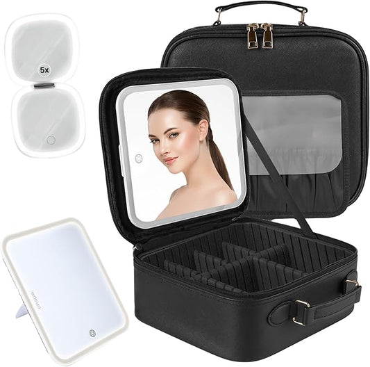 Makeup Bag Detachable LED Mirror With Stand 3 Adjustable Brightness 5x Zoom LED Travel Mirror Portable Cosmetics Case Brush Holder Organizer Adjustable Dividers Faux Leather Waterproof Gift